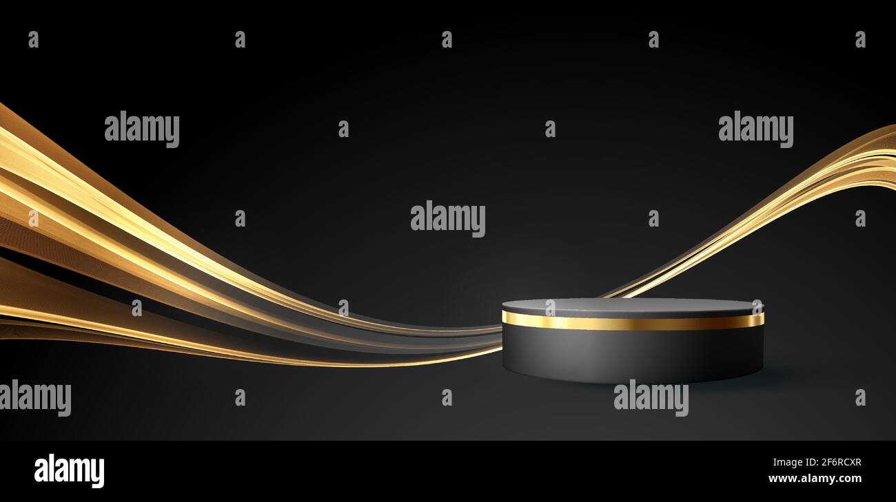 Scena nera minima con linee dorate. Podio cilindrico in oro e nero su sfondo nero. Tavola 3D per la visualizzazione di un prodotto cosmetico Illustrazione Vettoriale