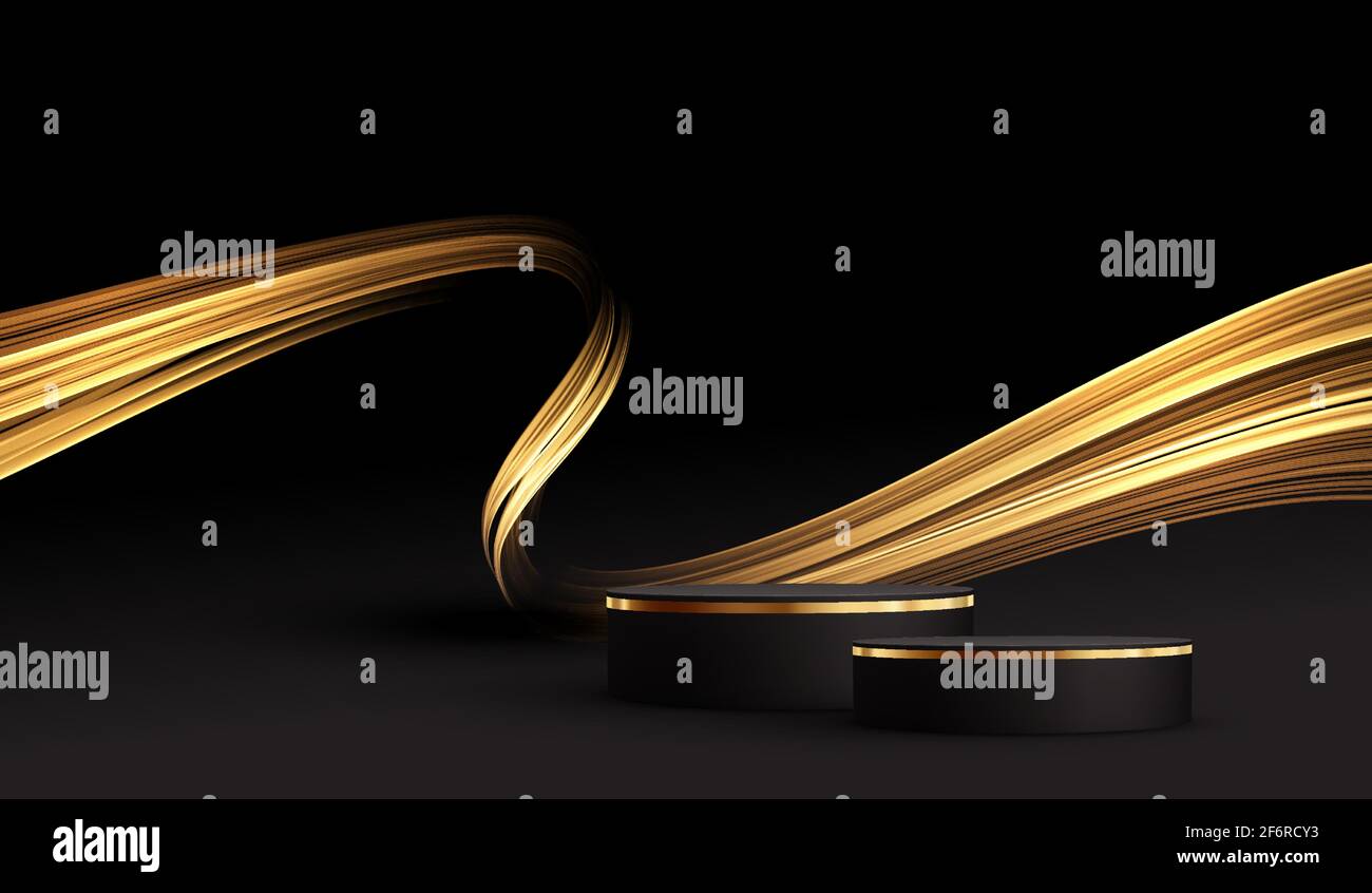 Scena nera minima con linee dorate. Podio cilindrico in oro e nero su sfondo nero. Tavola 3D per la visualizzazione di un prodotto cosmetico Illustrazione Vettoriale
