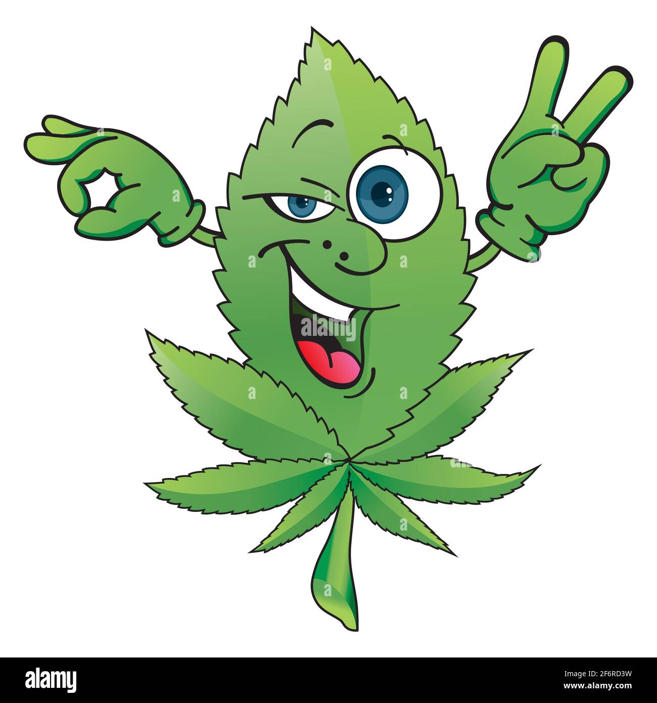 Foglia di canapa. La foglia di canapa dice OK. Carino divertente Weed marijuana foglia. Personaggio mascotte cartoon. Cannabis medica, erbacce, concetto di carattere marijuana Illustrazione Vettoriale