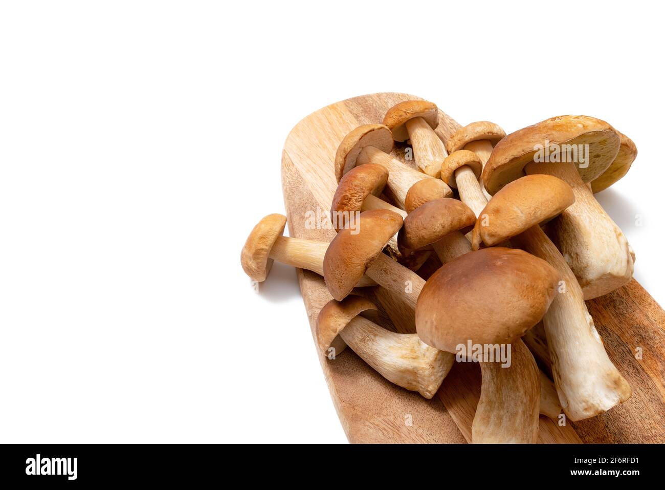 Testa marrone Boletus Edulis su un tagliere su sfondo bianco. Funghi commestibili su una tavola di legno in cucina. Nessuno Foto Stock