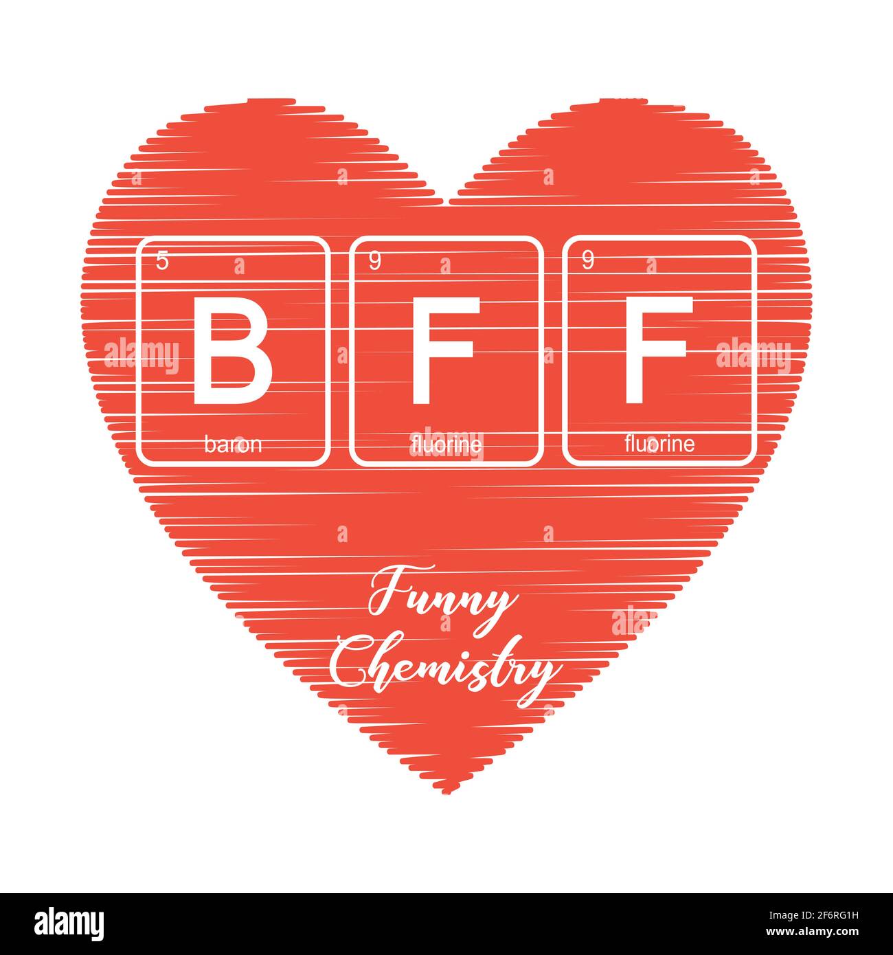Cuore rosso ed elementi chimici della tavola periodica, divertente segni- bff -migliori amici per sempre, divertente chimica, illustrazione vettoriale. Illustrazione Vettoriale