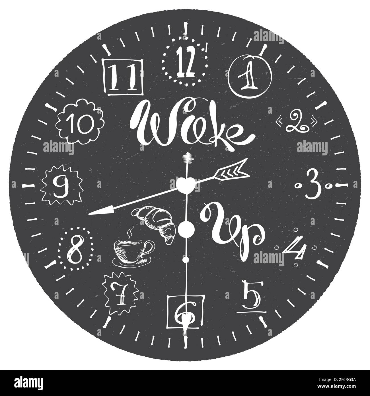 Orologio disegnato a mano con scritta cofee e phrase-wake up, mattina scheda concetto caffè, illustrazione vettoriale Illustrazione Vettoriale