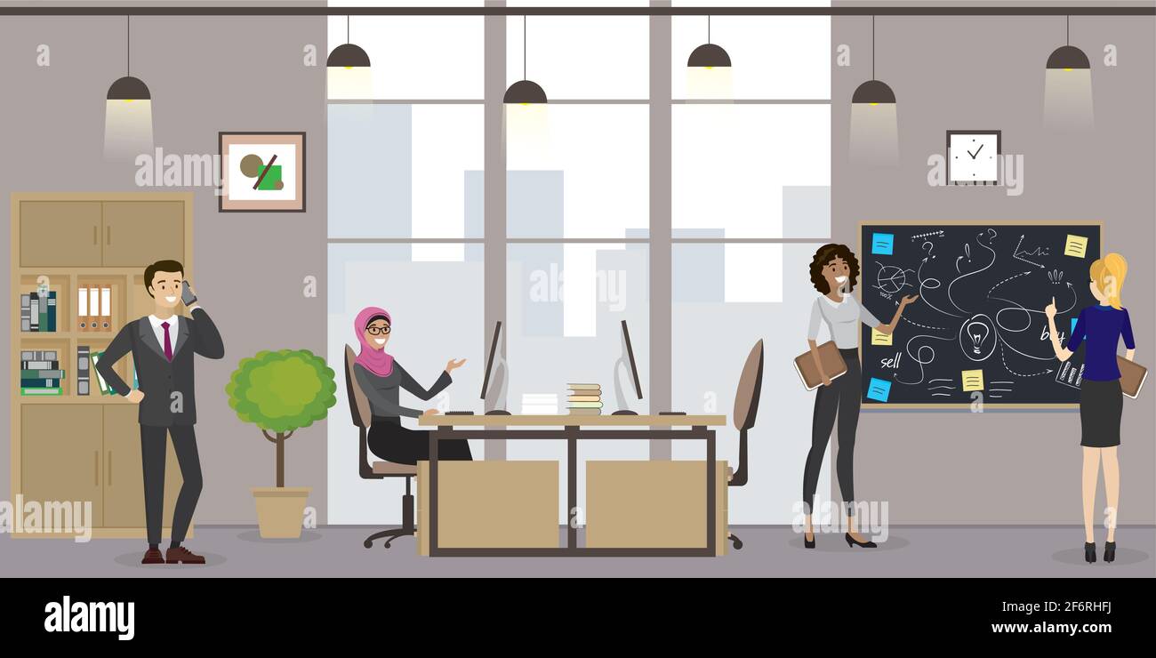 Gruppo di persone aziendali o di lavoratori in uffici moderni, sul posto di lavoro interni con mobili, business team, lavagna con cartelli business, vettore piatto Illustrazione Vettoriale
