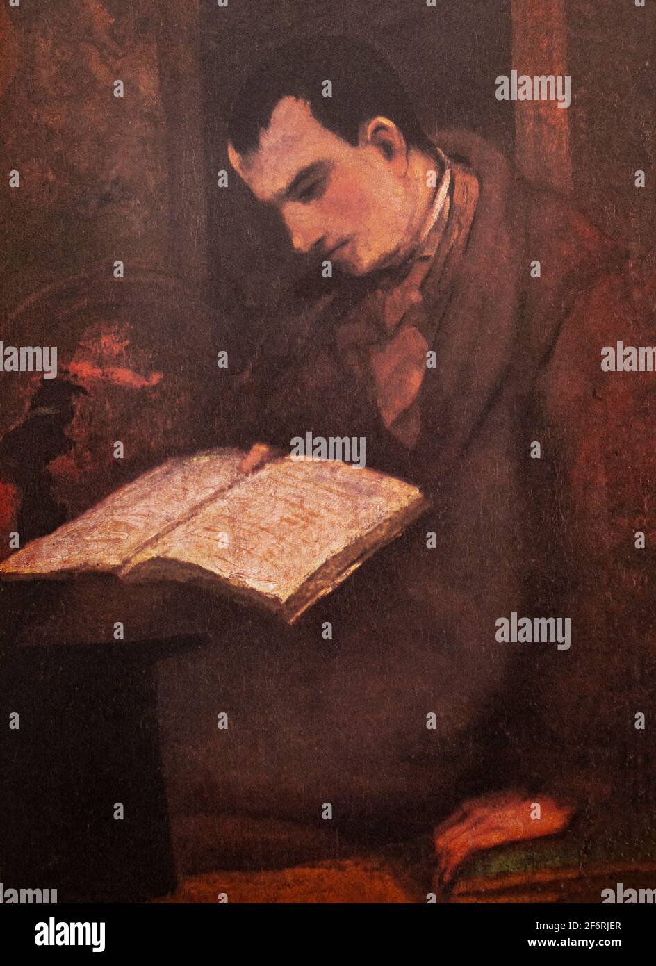 Un dipinto di Charles Pierre Baudelaire (1821-1867) di Jean Désiré Gustave Courbet (1819-1877) è stato un pittore francese che ha guidato il movimento del realismo nella pittura francese del XIX secolo. Baudelaire era un poeta francese che le poesie mostrano maestria nella gestione della rima e del ritmo, contengono un esotismo ereditato dalla Romantica, ma si basano su osservazioni di vita reale. Ha anche prodotto un lavoro notevole come saggio e critico d'arte. Foto Stock