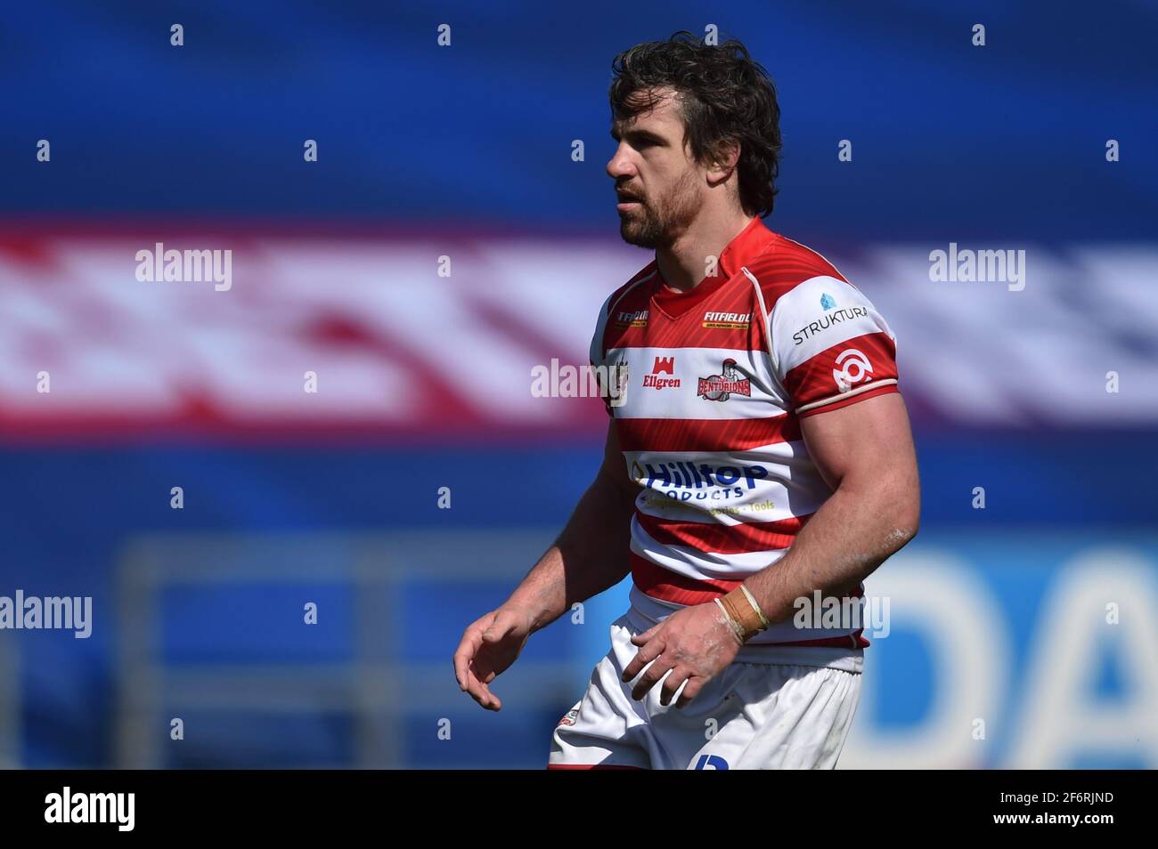 St Helens, Regno Unito. 02 aprile 2021. Tyrone McCarthy (21) di Leigh Centurions durante la partita a St Helens, Regno Unito, il 4/2/2021. (Foto di Richard Long/News Images/Sipa USA) Credit: Sipa USA/Alamy Live News Foto Stock