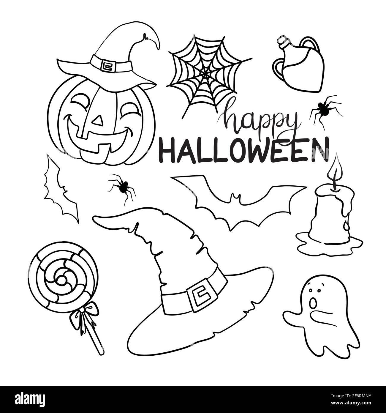 Personaggi e attributi di Halloween doodle Set. Illustrazione vettoriale. Illustrazione Vettoriale