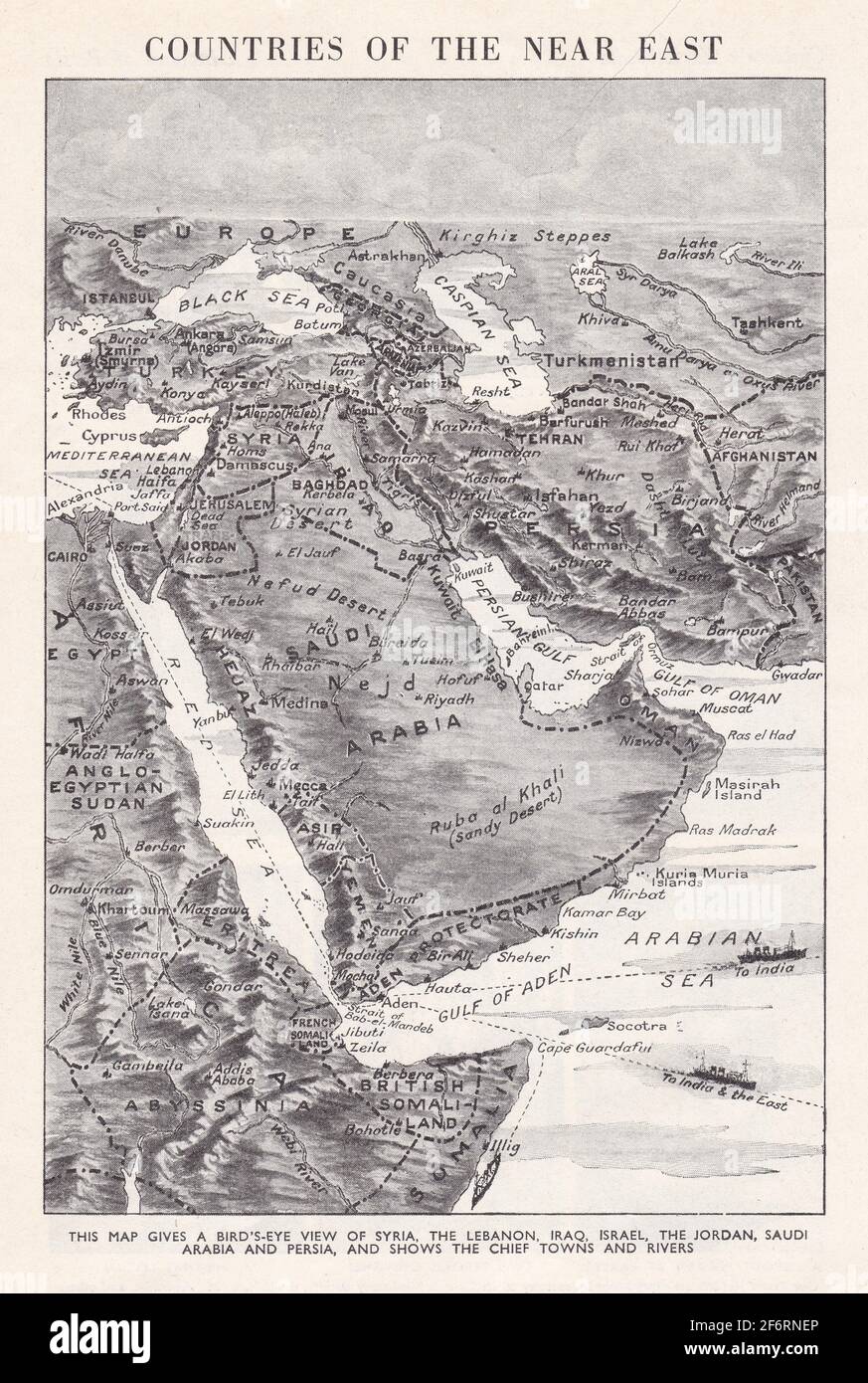 Mappa vintage a volo d'uccello dei paesi del Vicino Oriente anni '30. Foto Stock