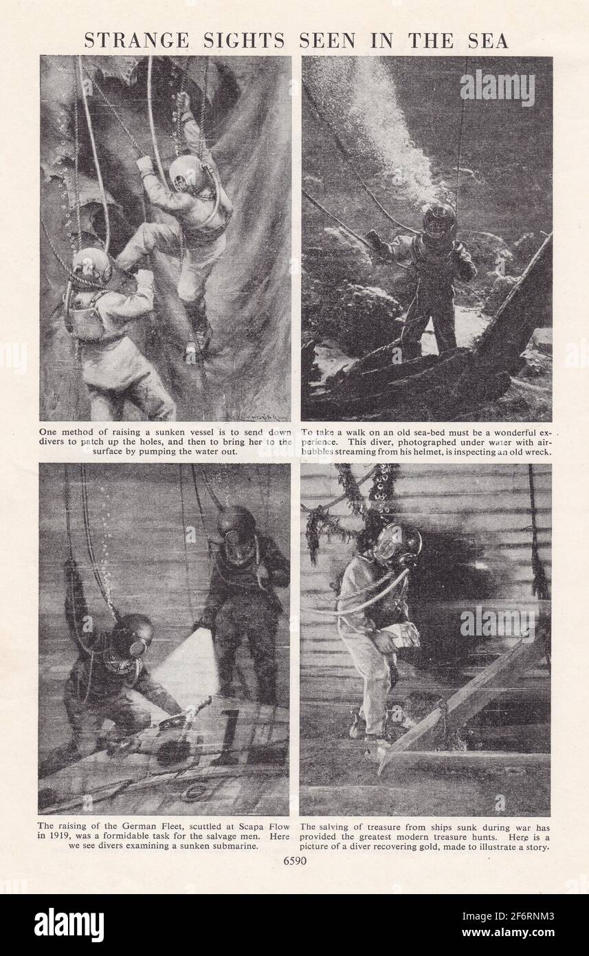 Illustrazioni d'epoca / foto in bianco e nero di strane attrazioni viste in mare - immersione in alto mare del 1900. Foto Stock