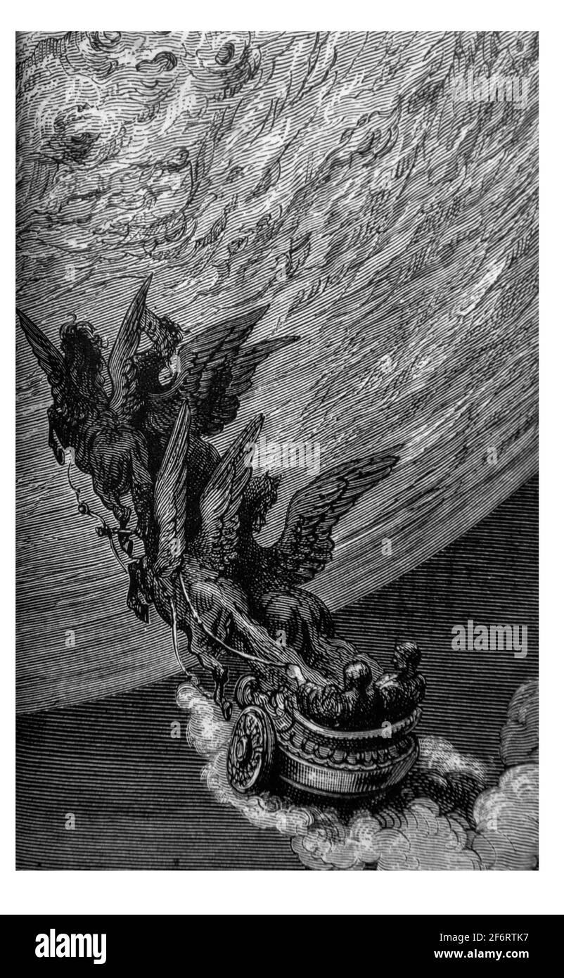 Gustave Doré lit.: , Principe Astolphe con San Giovanni, su carrozza di cavalli Elias che va alla luna. Foto Stock