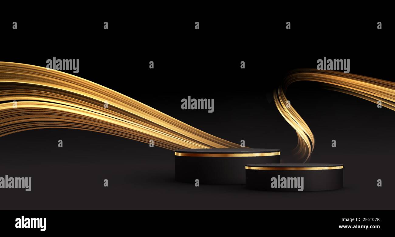 Scena nera minima con linee dorate. Podio cilindrico in oro e nero su sfondo nero. Tavola 3D per la visualizzazione di un prodotto cosmetico Illustrazione Vettoriale