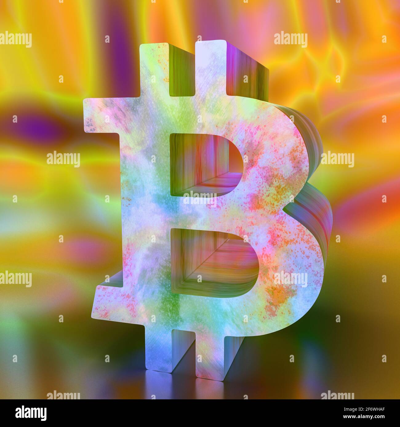 Un simbolo astratto di bitcoin testurizzato con ruggine 3d multicolore. Foto Stock