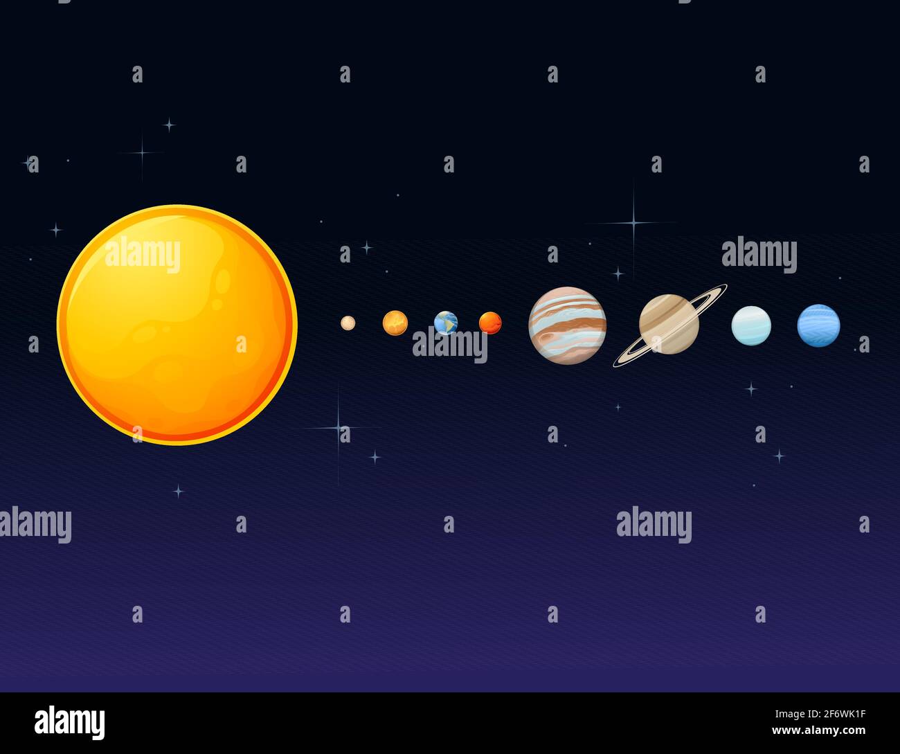 Sistema solare con sole e pianeti spazio oggetti vettoriale illustrazione su cielo scuro e profondo con sfondo stelle. Illustrazione Vettoriale