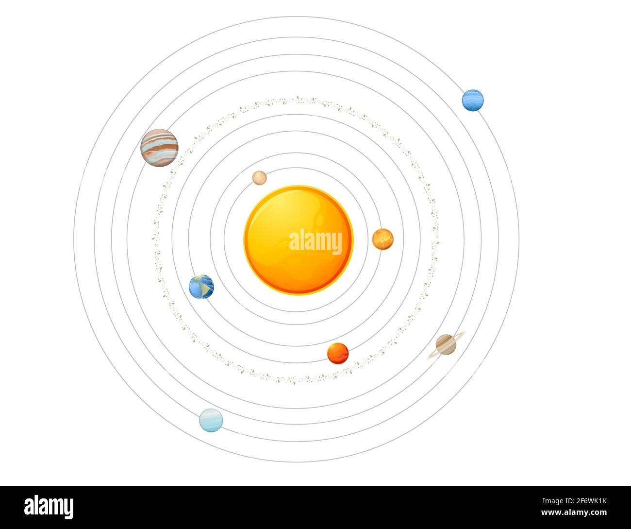 Modello di sistema solare con cintura di asteroide del sole e pianeti spazio oggetti vettoriali illustrazione su sfondo bianco. Illustrazione Vettoriale
