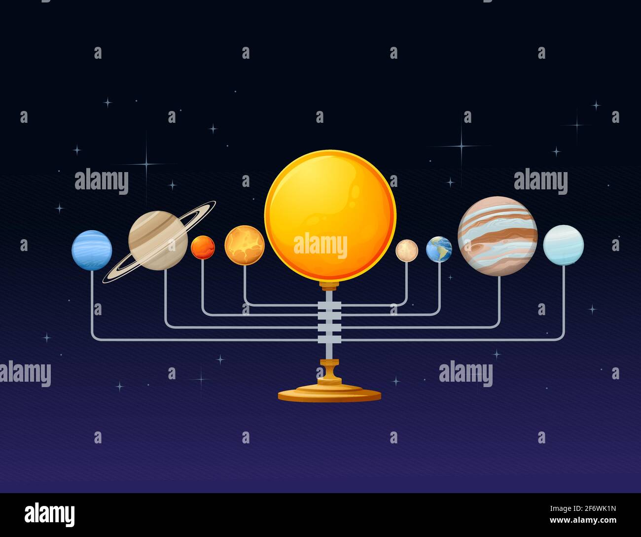 Planetario retrò classico su stand in legno con sole e pianeti illustrazione vettoriale su fondo cielo profondo. Illustrazione Vettoriale