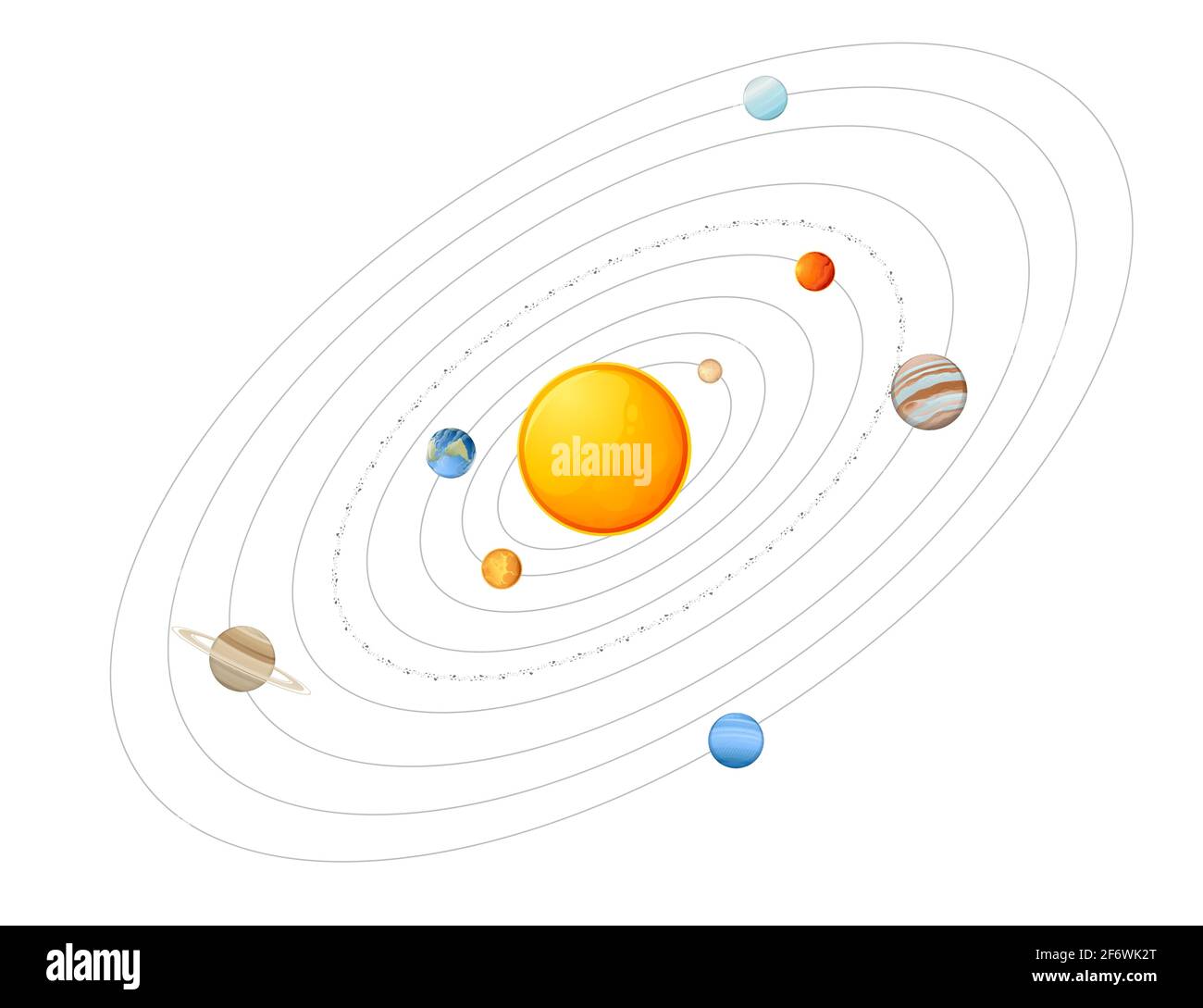 Modello di sistema solare con cintura di asteroide del sole e pianeti spazio oggetti vettoriali illustrazione su sfondo bianco. Illustrazione Vettoriale