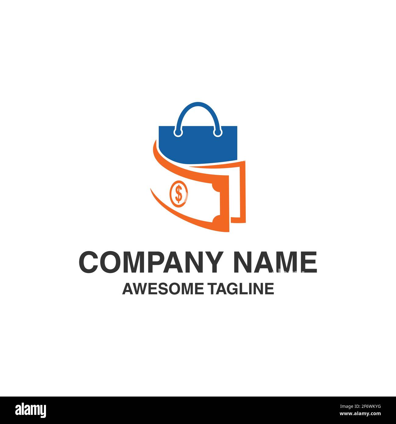 logo shopping money. icona negozio finanziario. modello logo vettoriale pronto per l'uso Illustrazione Vettoriale