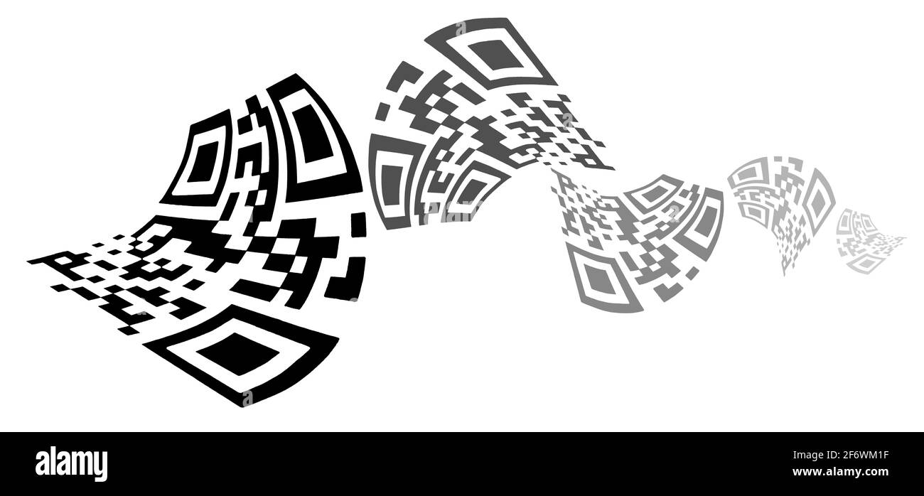 Alcuni codici QR ricci in diverse dimensioni con un gradiente dal nero al grigio chiaro che si illumina su un bianco sfondo Foto Stock