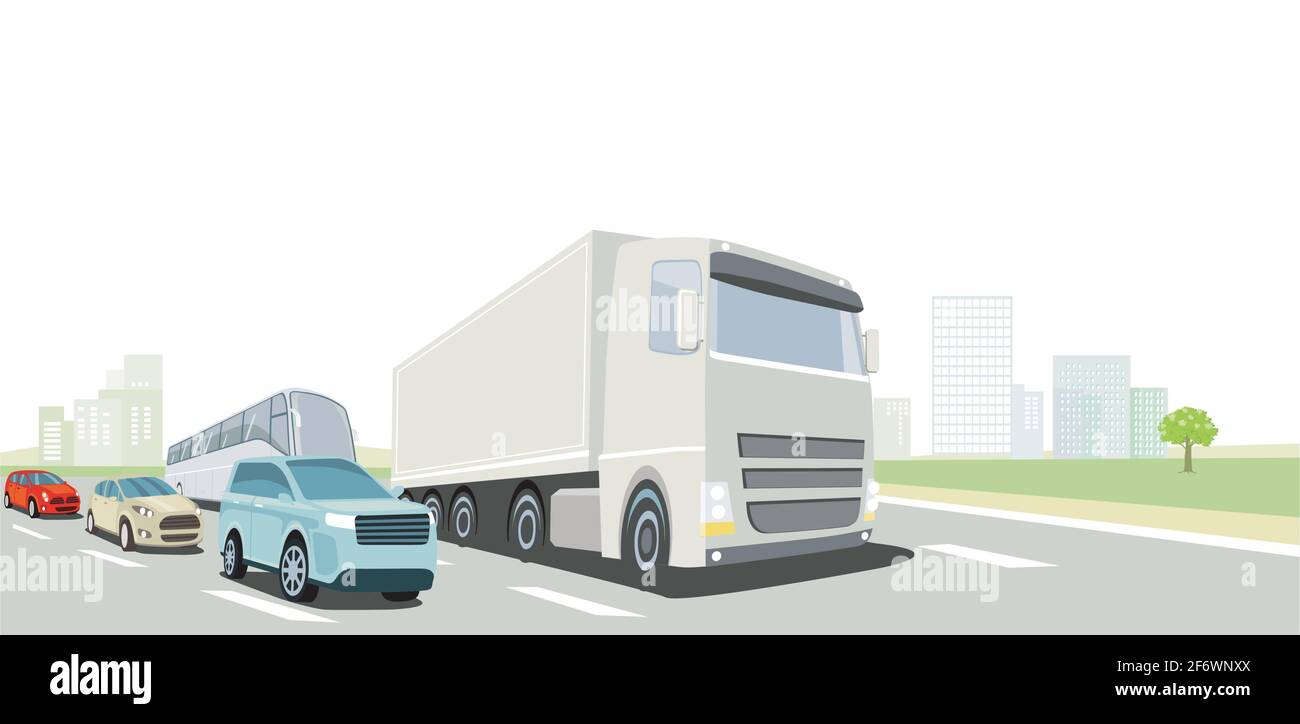 Traffico stradale in camion, autobus e autovetture Illustrazione Vettoriale