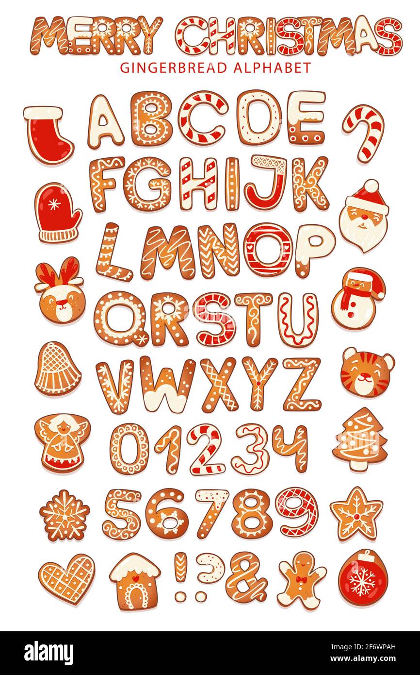 Alfabeto natalizio di biscotti con pan di zenzero con figure. Lettere di biscotto, caratteri per messaggi di Natale e disegno. Illustrazione vettoriale con decorazioni. Illustrazione Vettoriale