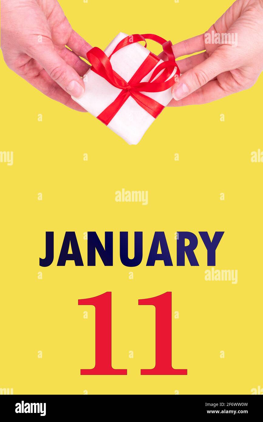 11 Gennaio. Calendario verticale festivo con le mani che tiene bianco scatola regalo con nastro rosso e calendario Data su sfondo giallo illuminante. Inverno Foto Stock