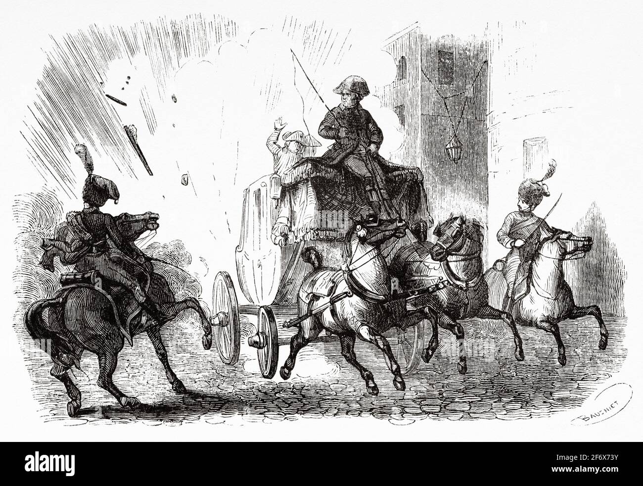Attentato alla vita del primo console di Francia, Napoleone Bonaparte su Rue Saint Nicaise, Parigi, 24 dicembre 1800. Francia, Rivoluzione francese 18 ° secolo. Vecchia illustrazione incisa da Histoire de la Revolution Francaise 1845 Foto Stock