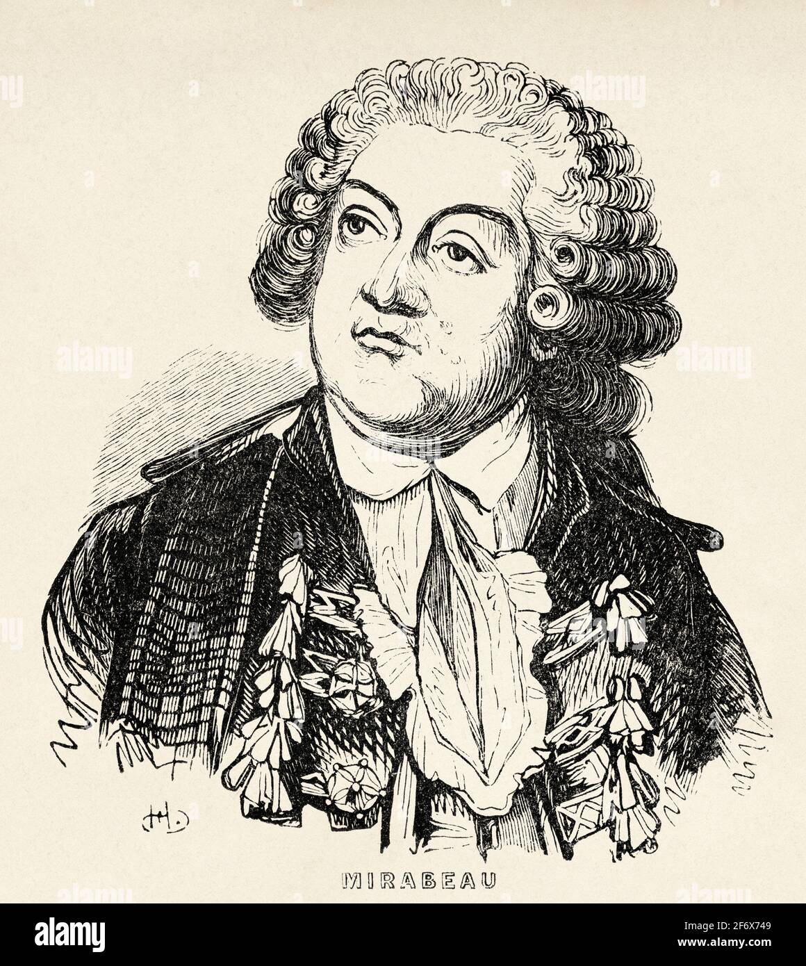 Ritratto di Gabriel Victor de Riqueti, Marchese de Mirabeau (1749-1791) politico, fisico, scrittore e pubblicista francese. Francia, Rivoluzione francese 18 ° secolo. Vecchia illustrazione incisa da Histoire de la Revolution Francaise 1845 Foto Stock