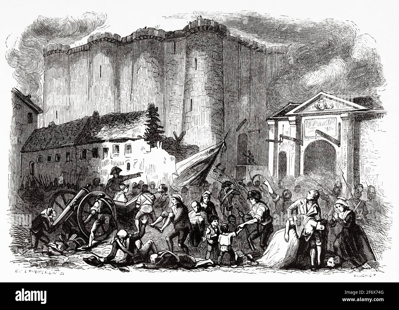 Prigione della Bastiglia 14 luglio 1789 Parigi. Francia, Rivoluzione francese 18 ° secolo. Vecchia illustrazione incisa da Histoire de la Revolution Francaise 1845 Foto Stock