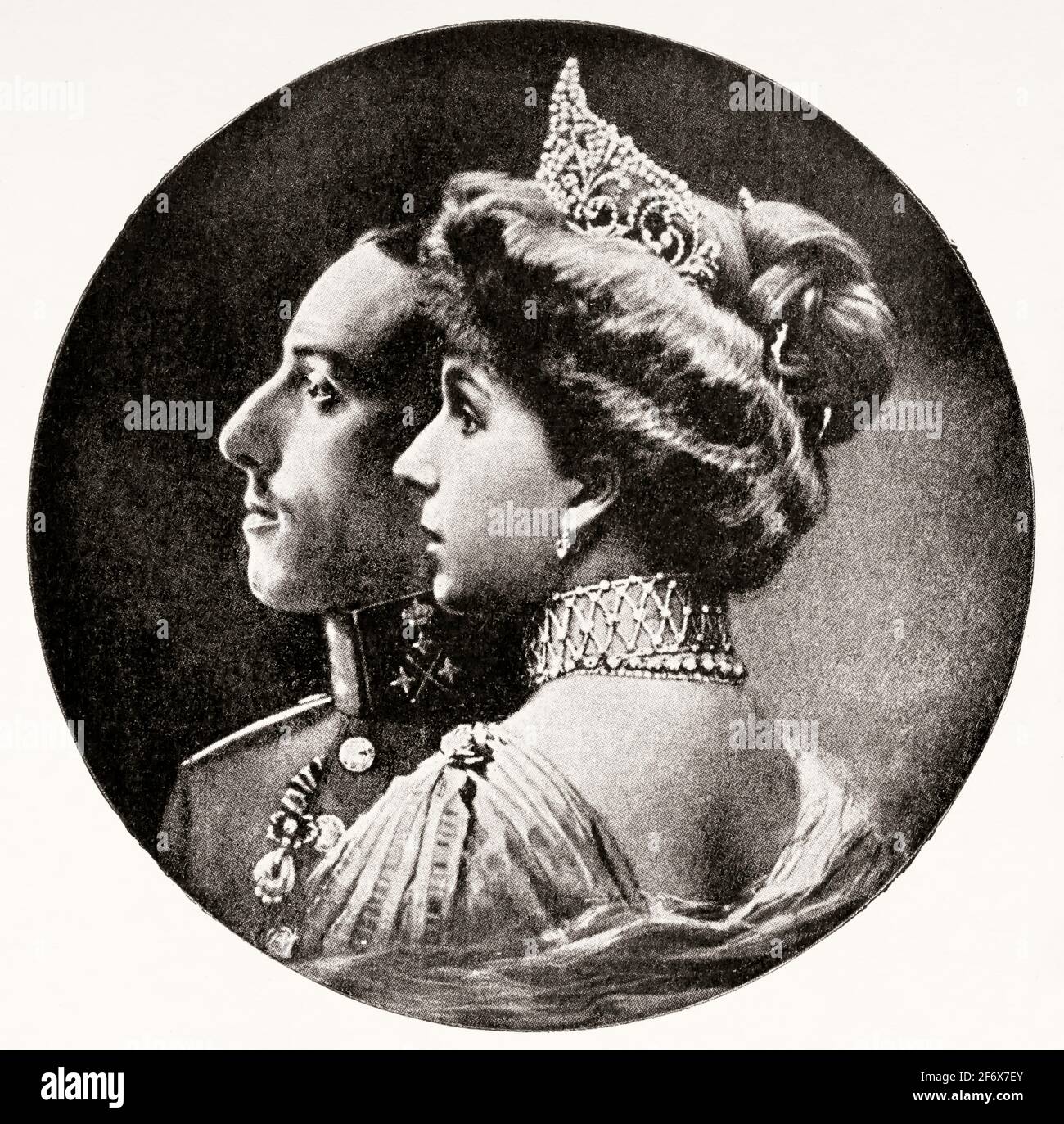 Ritratto di Alfonso XIII (1941 maggio 1886-28 febbraio 17) noto come El Africano o l'Africano, fu Re di Spagna dal 1886 fino alla proclamazione della seconda Repubblica nel 1931, con sua moglie Victoria Eugenia di Battenberg (1887-1969) Spagna Europa Foto Stock