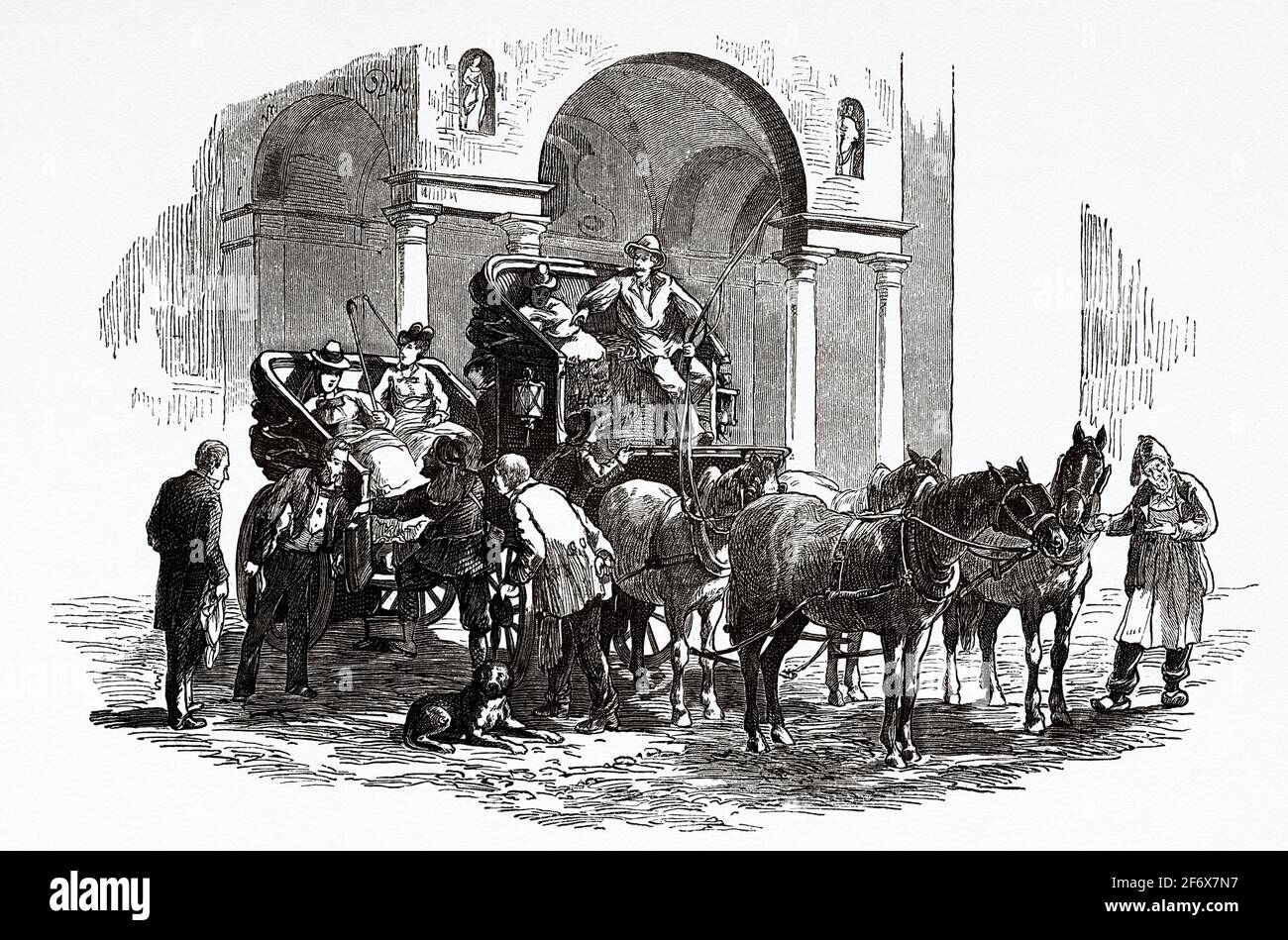 Un'incisione raffigurante una diligenza nel XIX secolo. Antica illustrazione del 19 ° secolo inciso da El Mundo Ilustrado 1879 Foto Stock