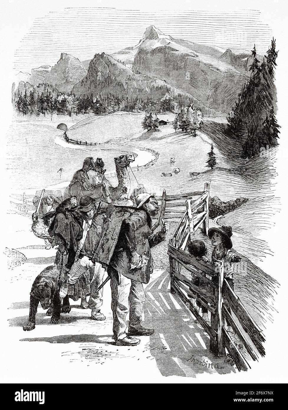 Burattini sulla vecchia strada per il Brennero. Trentino-Alto Adige, Italia. Europa. Antica illustrazione del 19 ° secolo inciso da El Mundo Ilustrado 1879 Foto Stock