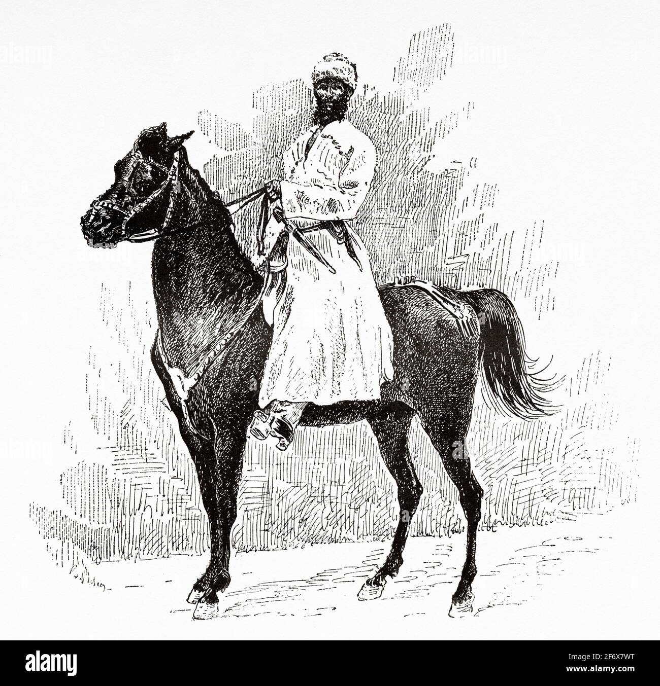 Uomo circassio a cavallo. Antica illustrazione del 19 ° secolo inciso da El Mundo Ilustrado 1879 Foto Stock