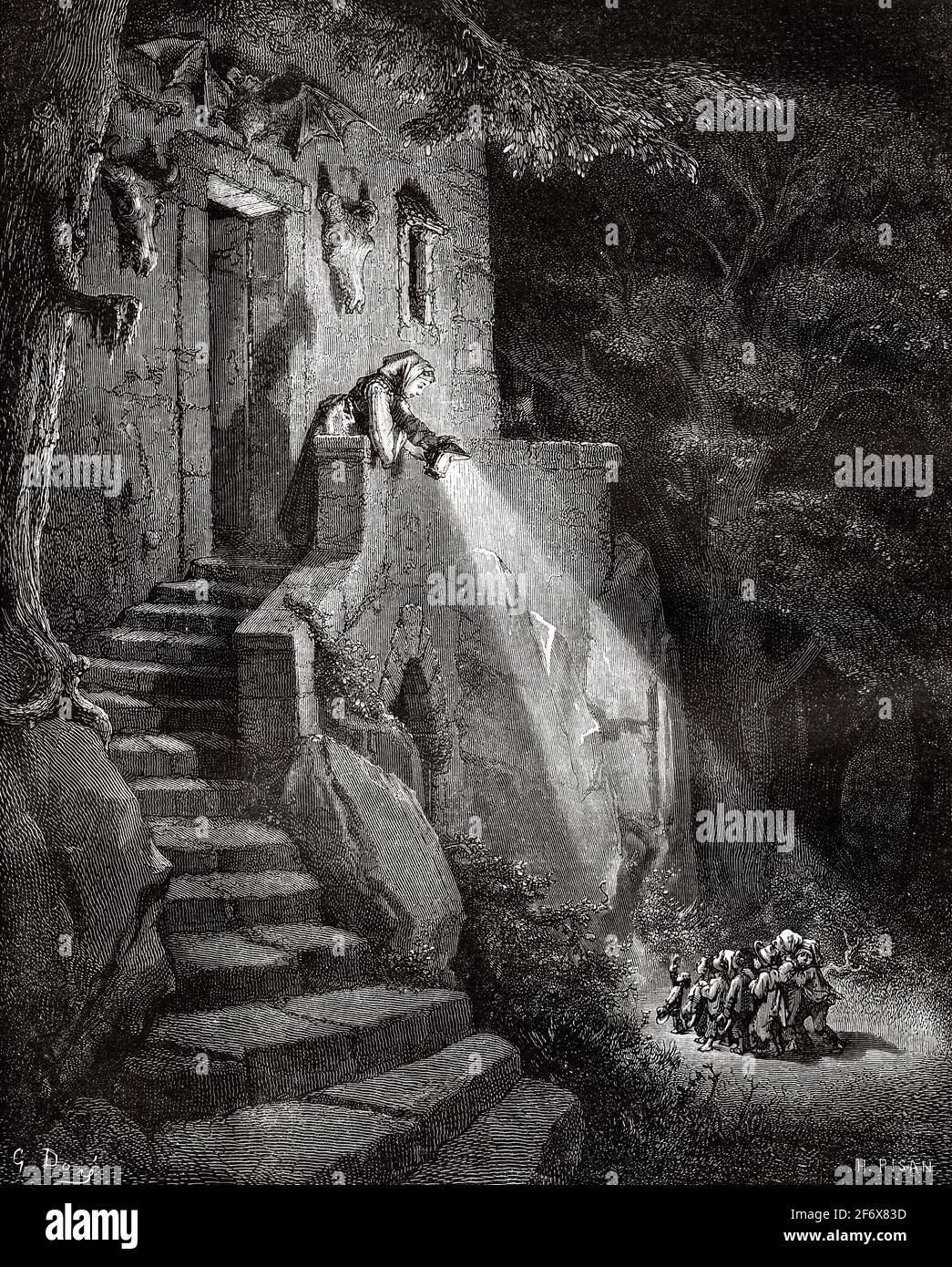 La donna della casa illumina i soli bambini di notte. La favola di Tom Thumb di Charles Perrault, illustrata da Gustave Dore. Antica illustrazione del 19 ° secolo inciso da El Mundo Ilustrado 1879 Foto Stock