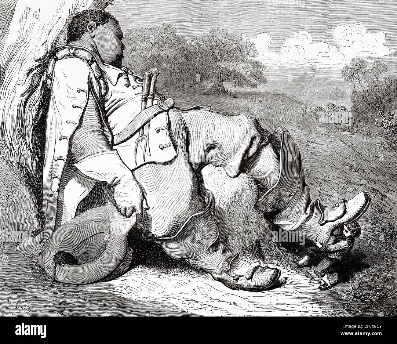Il ragazzino tira gli stivali dal mostro dormiente. La favola di Tom Thumb di Charles Perrault, illustrata da Gustave Dore. Antica illustrazione del 19 ° secolo inciso da El Mundo Ilustrado 1879 Foto Stock