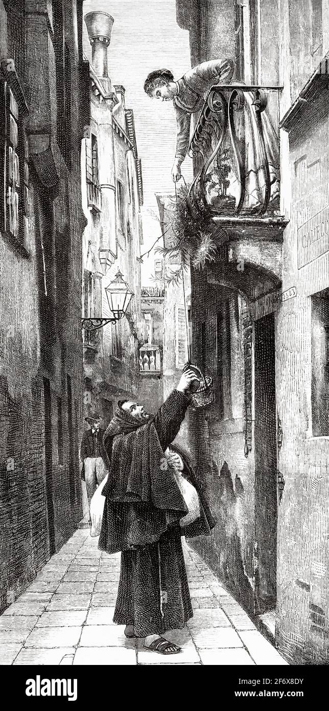 Frate mendicante su una strada a Venezia, Italia. Europa. Antica illustrazione del 19 ° secolo inciso da El Mundo Ilustrado 1879 Foto Stock