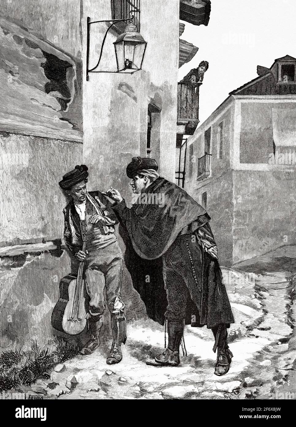 Fine di una serenata, Spagna. Europa. Antica illustrazione del 19 ° secolo inciso da El Mundo Ilustrado 1879 Foto Stock