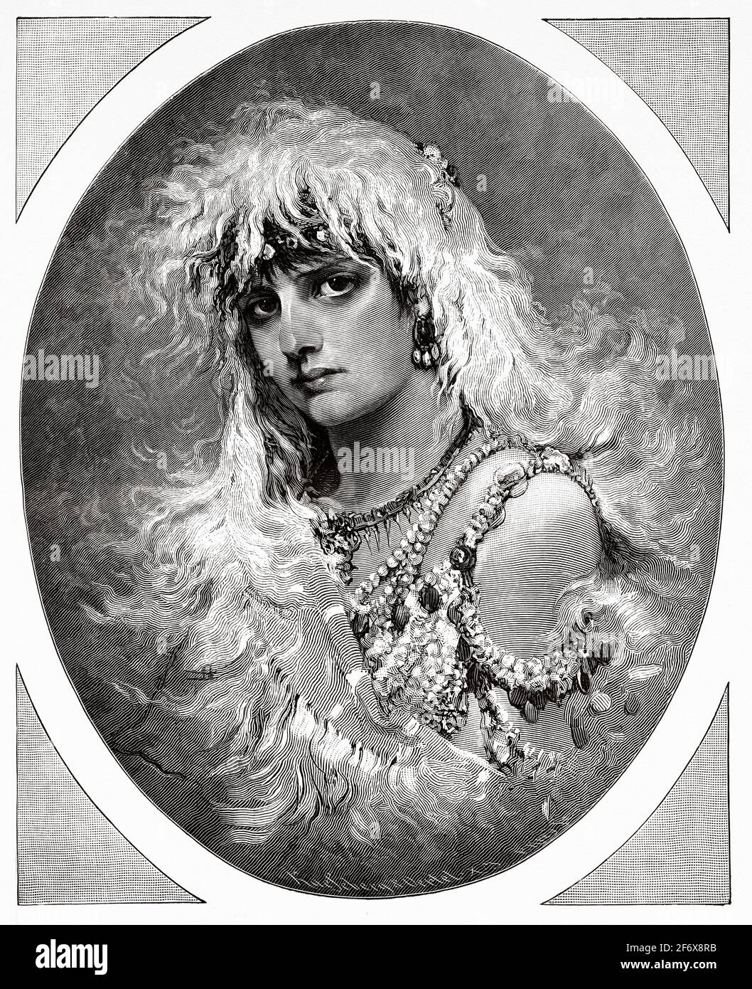 Bella giovane donna del 19 ° secolo vestita per la festa di nuovo anno. Antica illustrazione del 19 ° secolo inciso da El Mundo Ilustrado 1879 Foto Stock