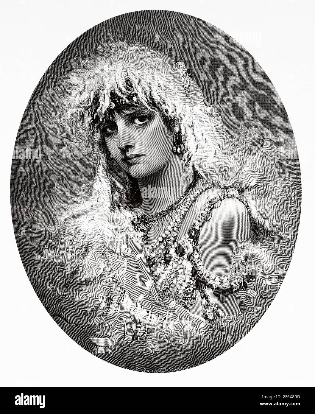 Bella giovane donna del 19 ° secolo vestita per la festa di nuovo anno. Antica illustrazione del 19 ° secolo inciso da El Mundo Ilustrado 1879 Foto Stock