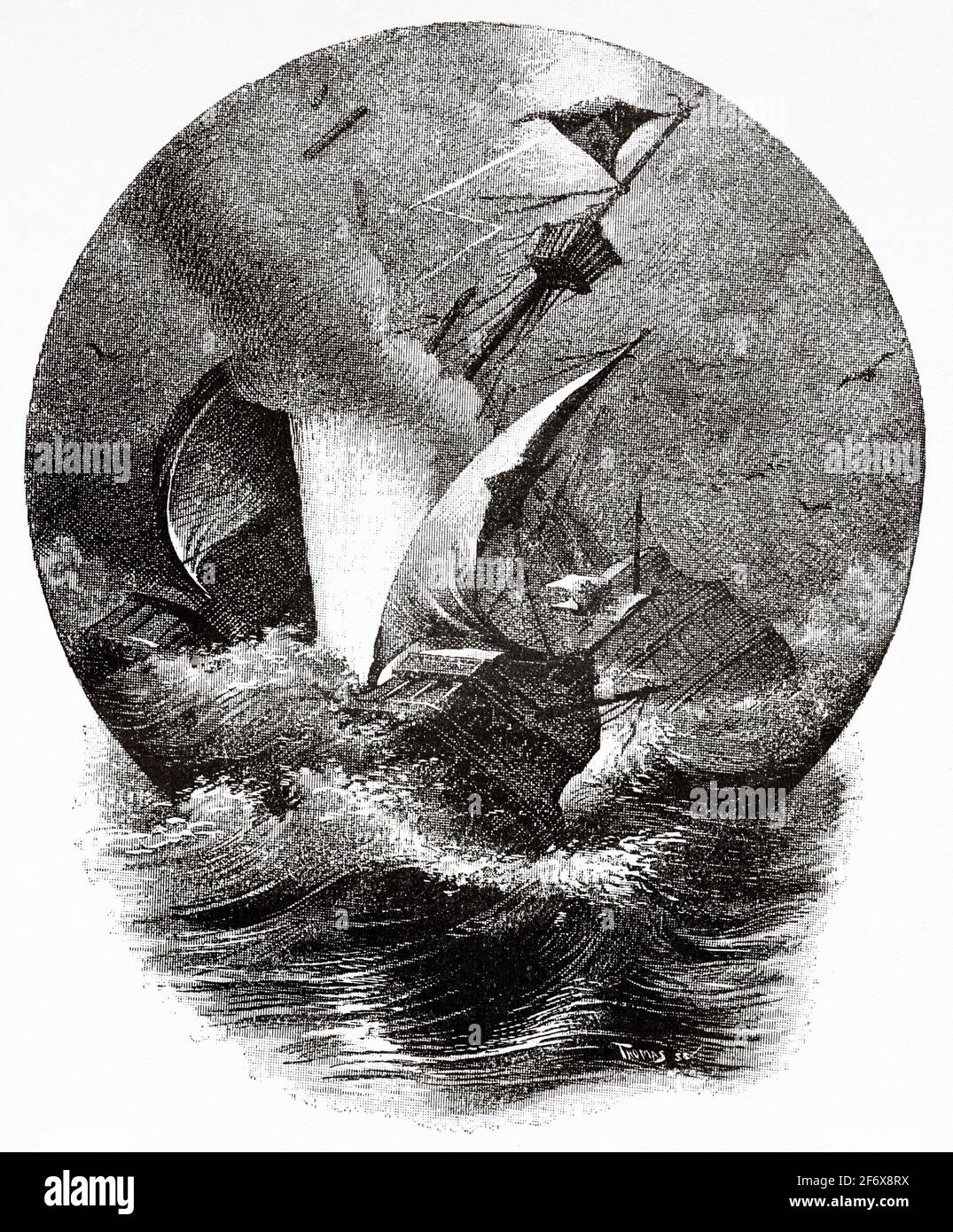 Un uragano affondò la caravella Santa María di Cristoforo Colombo nel 1492. Antica illustrazione del 19 ° secolo inciso da El Mundo Ilustrado 1879 Foto Stock