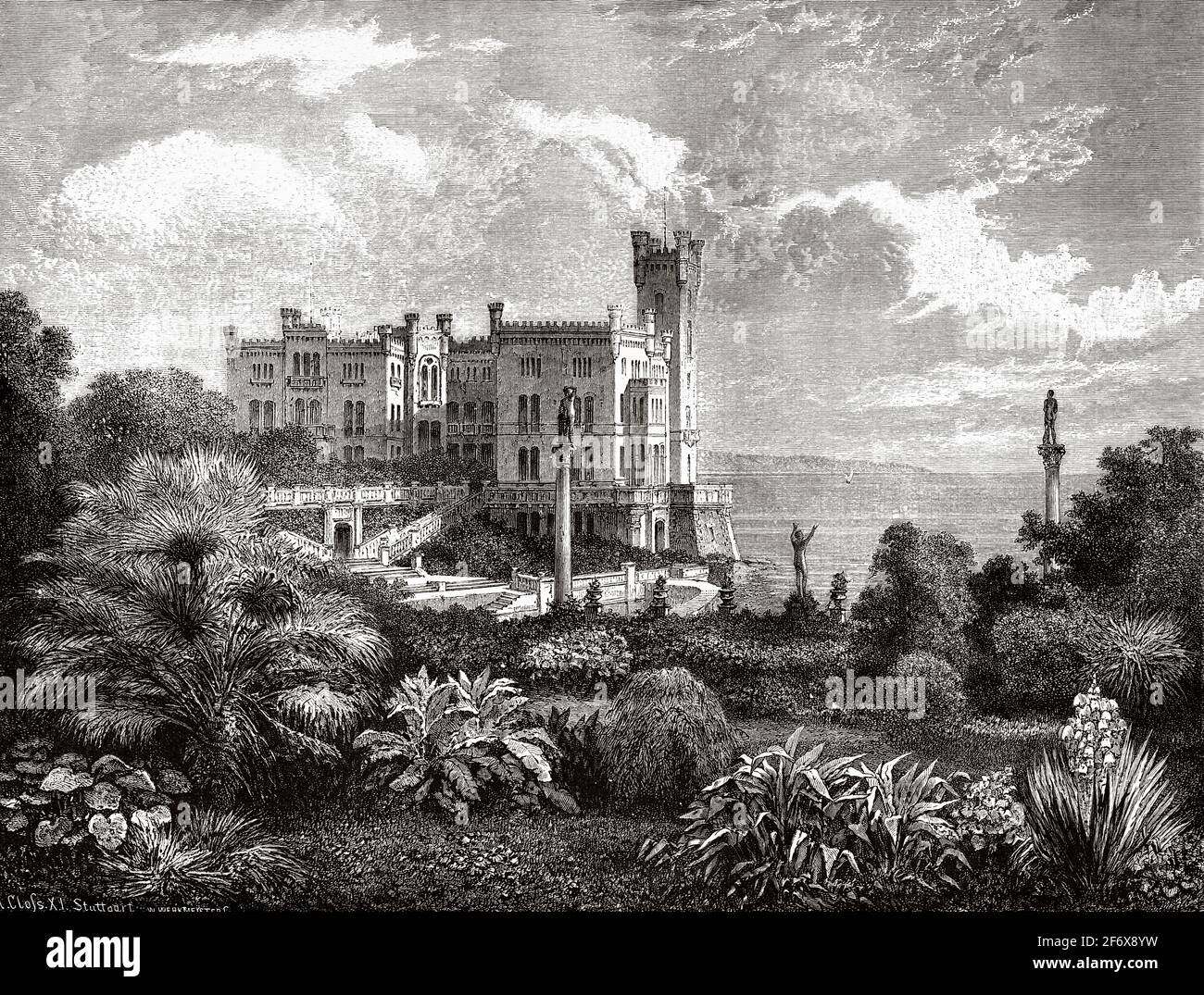 Castello di Miramare, residenza dell'arciduca austriaco Ferdinando Massimiliano, Trieste, Italia. Europa. Antica illustrazione del 19 ° secolo inciso da El Mundo Ilustrado 1879 Foto Stock