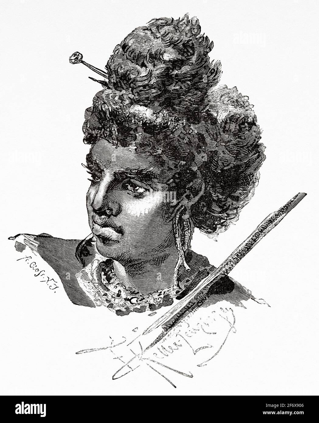 Aborigeno Papua donna dall'interno dell'isola di Papua Nuova Guinea. Antica illustrazione del 19 ° secolo inciso da El Mundo Ilustrado 1879 Foto Stock