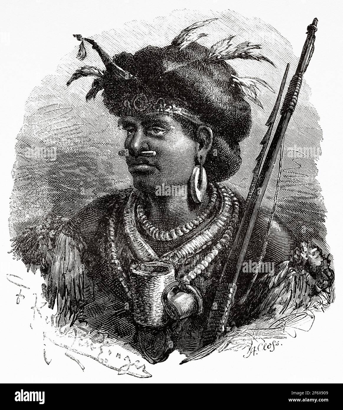 Capo di un'antica tribù in Papua Nuova Guinea. Antica illustrazione del 19 ° secolo inciso da El Mundo Ilustrado 1879 Foto Stock