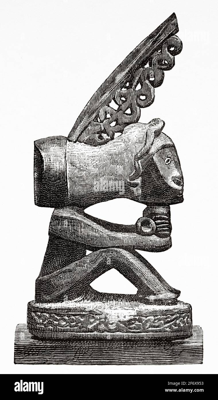 Figura ancestrale Itifallica associata al culto del cranio ed è comunemente conosciuta come korwar. Papua Nuova Guinea, Indonesia. Antica illustrazione del 19 ° secolo inciso da El Mundo Ilustrado 1879 Foto Stock