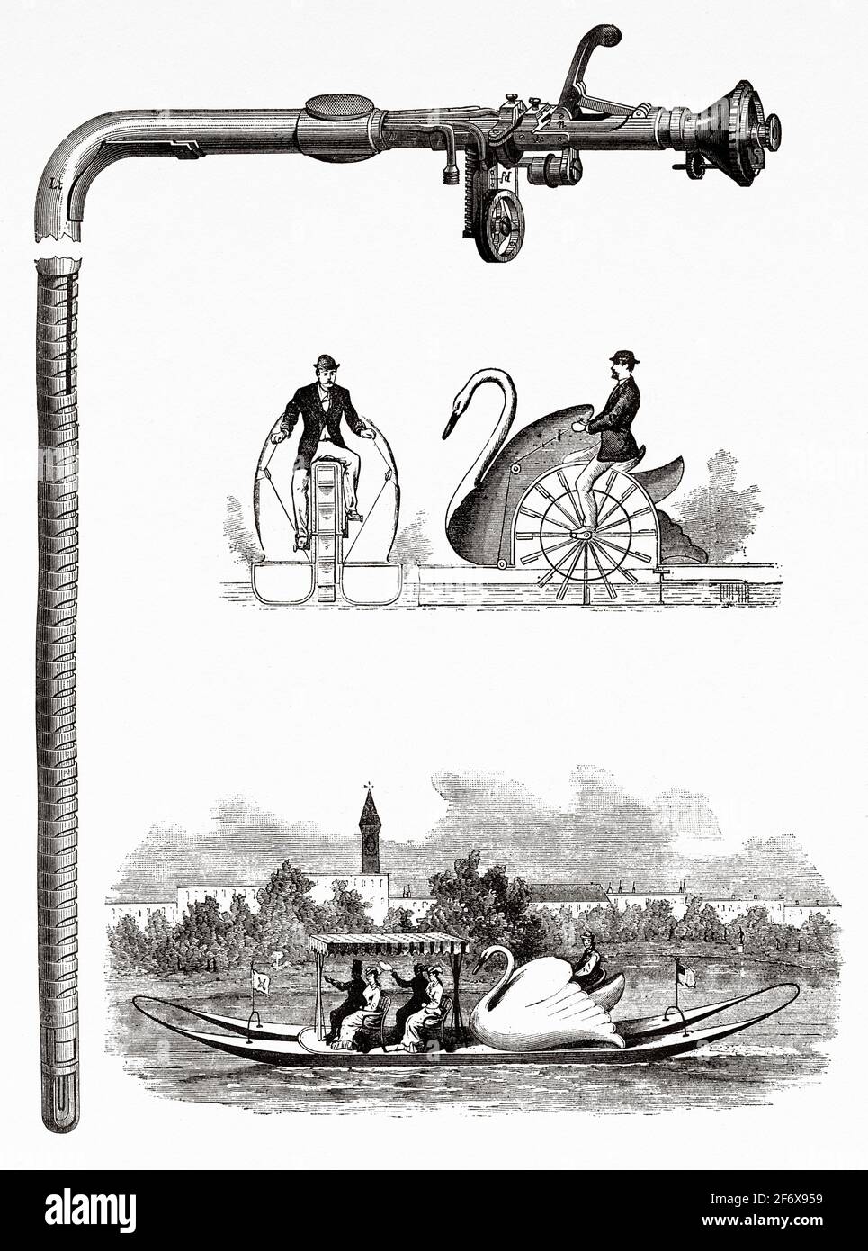Acqua velocipede. Antica illustrazione del 19 ° secolo inciso da El Mundo Ilustrado 1879 Foto Stock
