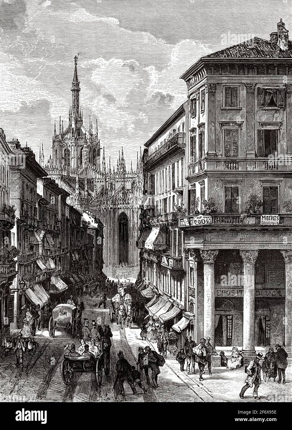 Corso Vittorio Emanuele II Milano. Lombardia, Italia. Europa. Antica illustrazione del 19 ° secolo inciso da El Mundo Ilustrado 1879 Foto Stock