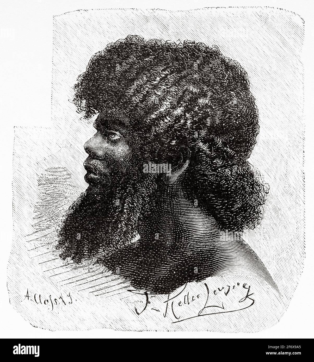 Ritratto dell'uomo nativo, New Britain. Kimbe Bay, Papua Nuova Guinea. Antica illustrazione del 19 ° secolo inciso da El Mundo Ilustrado 1879 Foto Stock