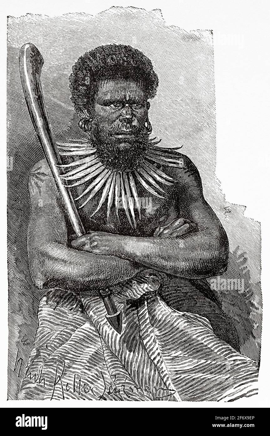 Indigeno di Malakula, Vanuatu. Nuove Ebridi. Antica illustrazione del 19 ° secolo inciso da El Mundo Ilustrado 1879 Foto Stock