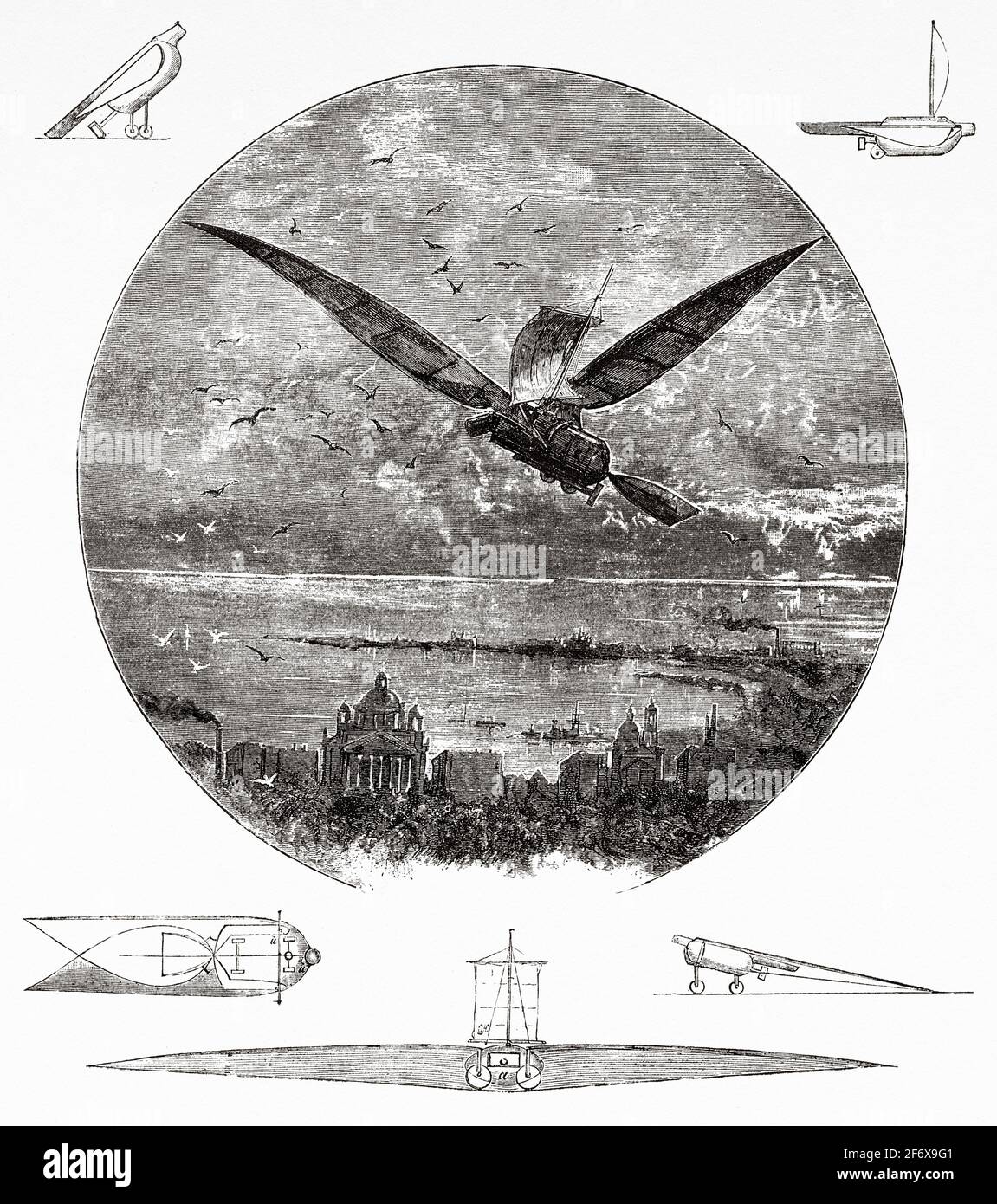 Apparecchio volante alato del XIX secolo dell'inventore polacco Jan Józef Baranowski. Antica illustrazione del 19 ° secolo inciso da El Mundo Ilustrado 1879 Foto Stock