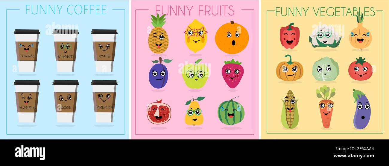 Divertente personaggio cartoon. Illustrazione vettoriale. Un set di verdure piatte, tazze di caffè e frutta con facce di cartone animato. Personaggi divertenti dal cibo. Diff Illustrazione Vettoriale