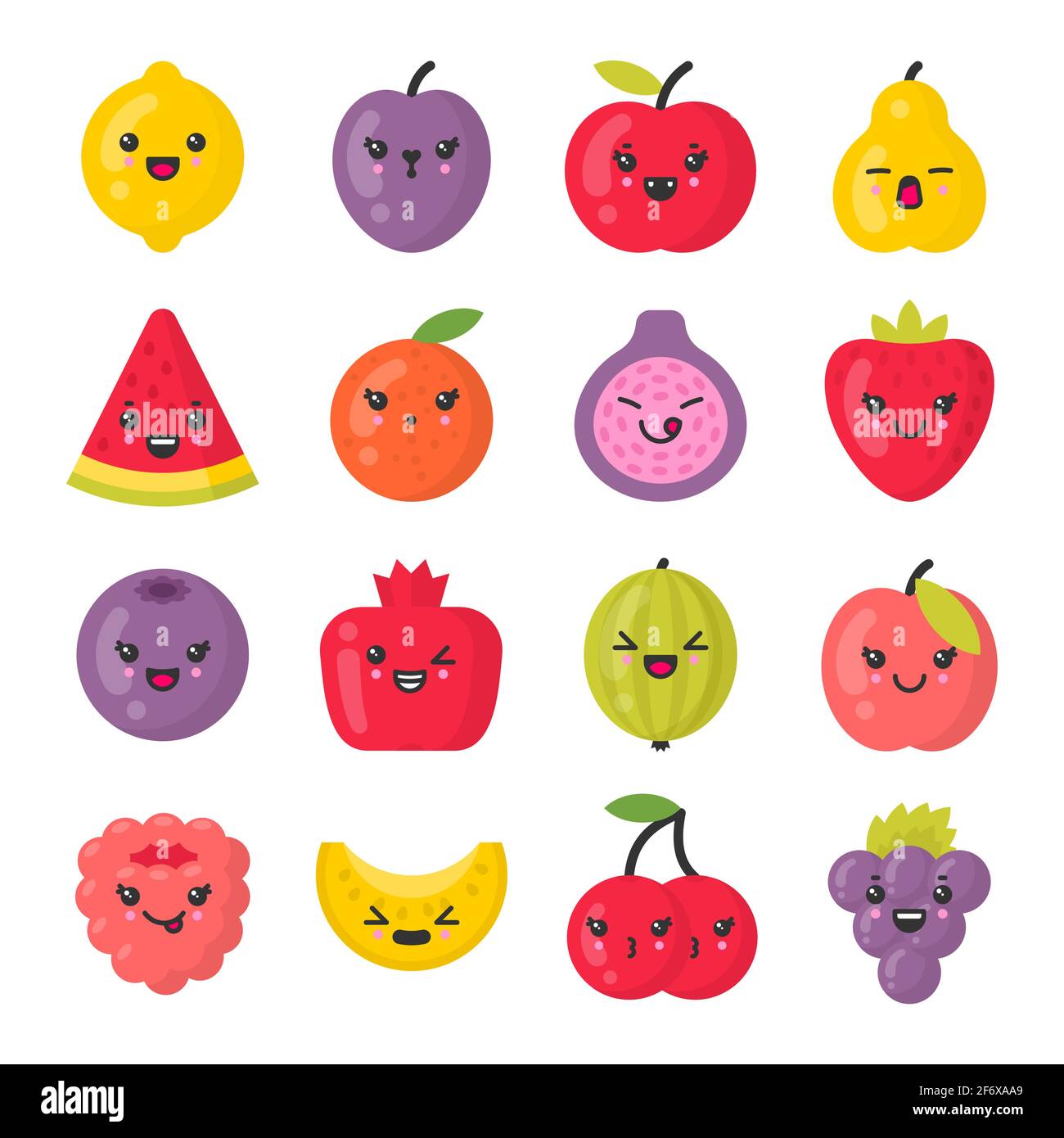 Carino frutti sorridenti, isolato colorato vettore icona set Illustrazione Vettoriale
