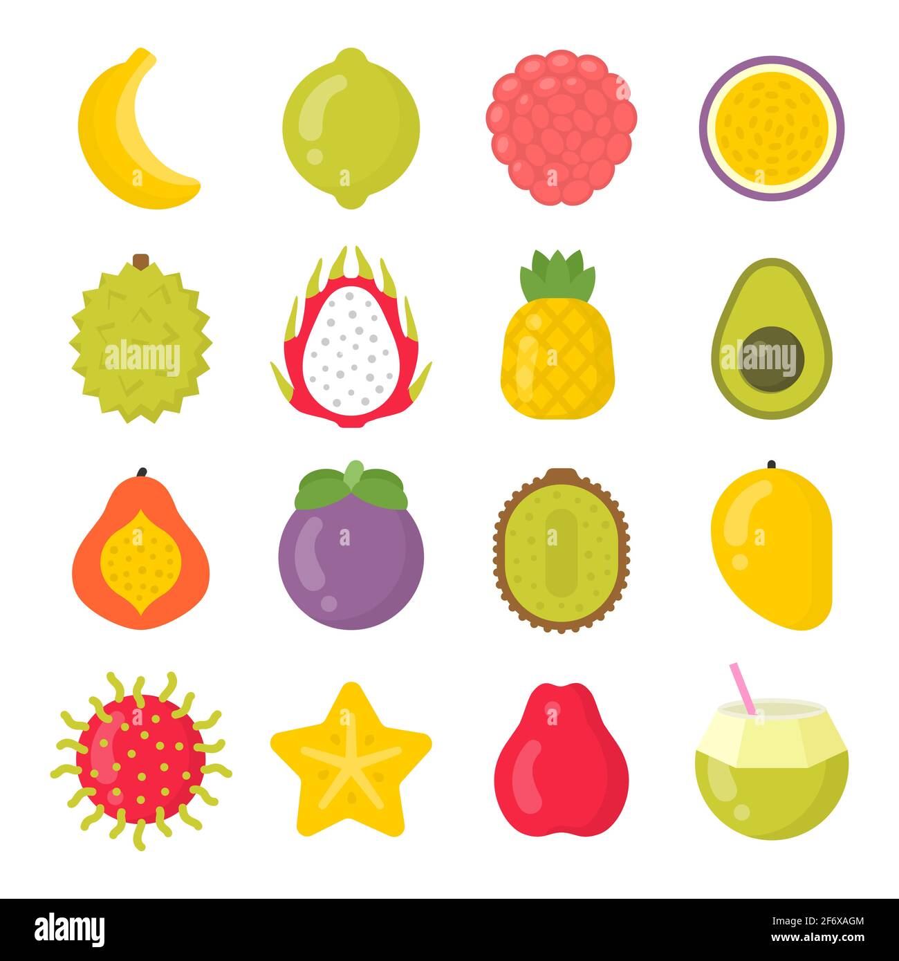 Frutti esotici isolati colorati vettore icone set Illustrazione Vettoriale